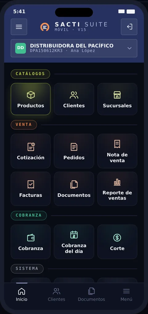 Inicio de la app con las opciones agrupadas por módulo