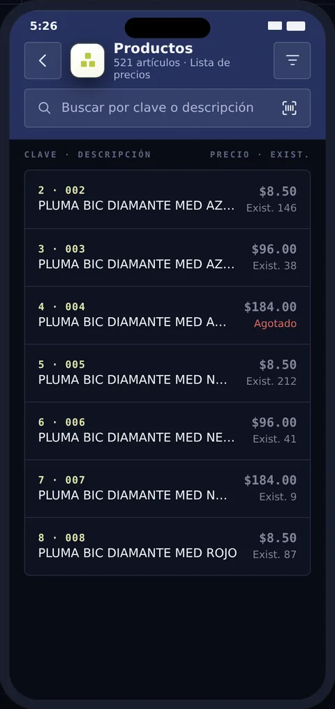 Listado de productos con precio y existencia